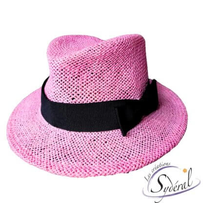 Fédora paille rose-ruban noir-boucle