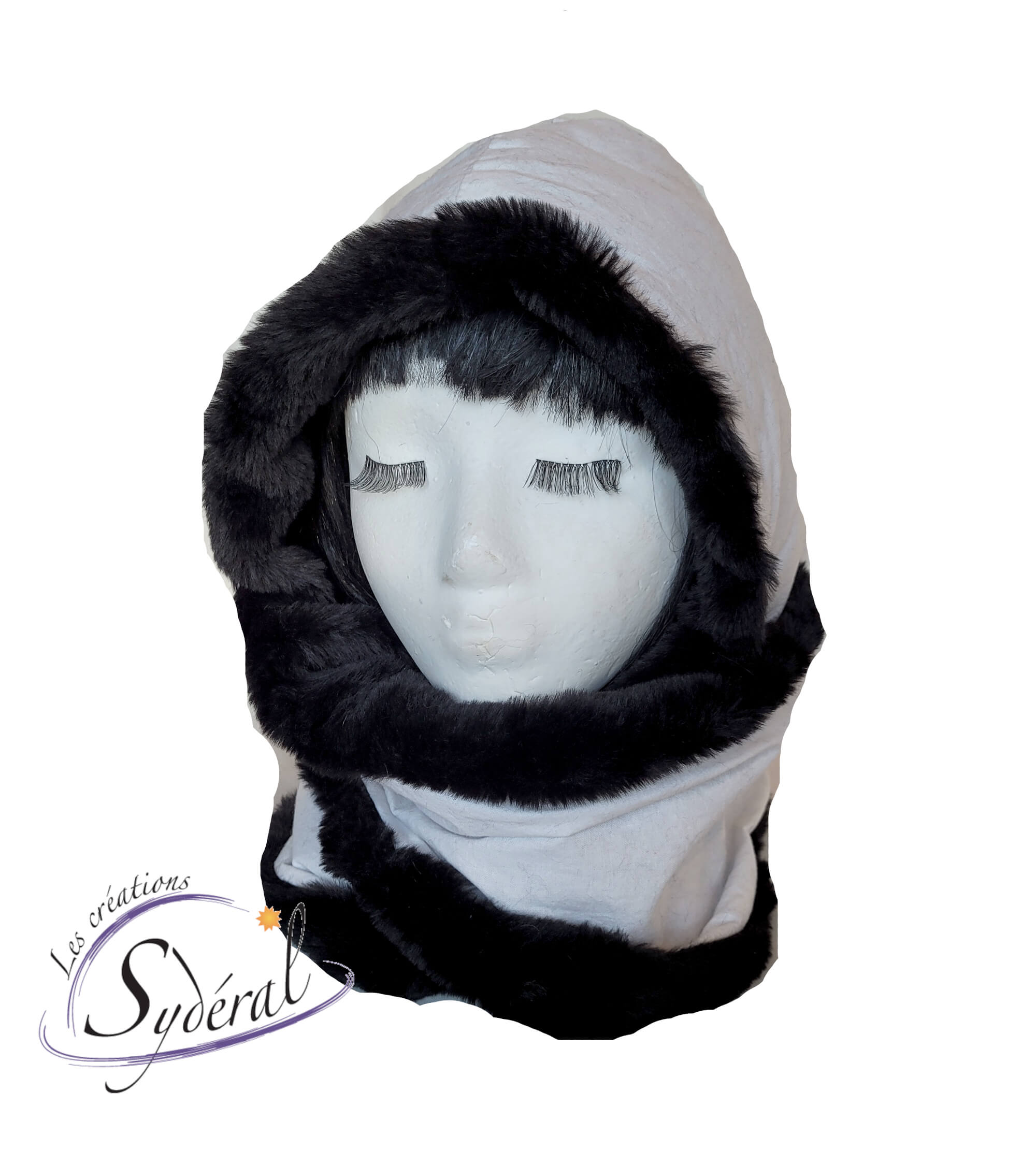 Capuchon avec foulard/cache-cou intégré en coton blanc et fourrure  synthétique noire