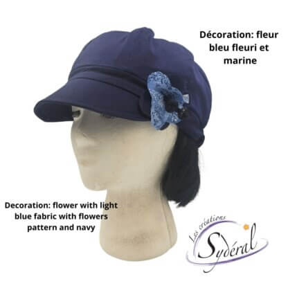 casquette d'été pour femme en coton bleu marin avec fleur décorative bleu pâle fleuri et marine