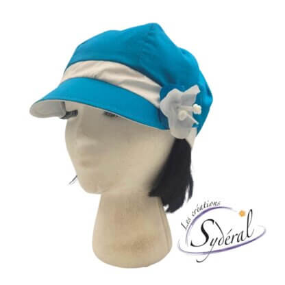 casquette en coton d'été pour femme turquoise et blanche vue de côté