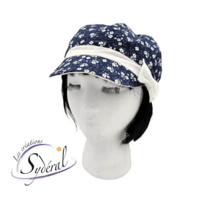 casquette en coton d'été pour femme bleu marine avec petites fleurs blanches