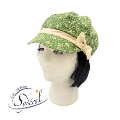 casquette d'été pour femme en coton vert fleuri et beige