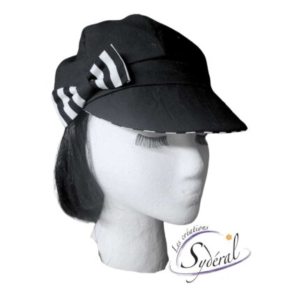casquette été coton noir et dessous rayé noir et blanc-boucle rayé noire et blanche