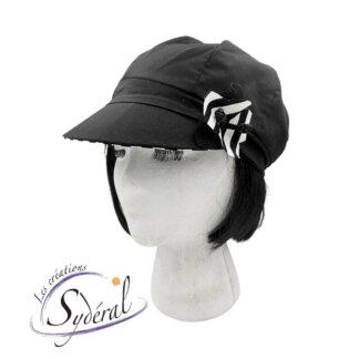 casquette été coton noir et dessous rayé noir et blanc-fleur