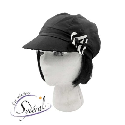 casquette été coton noir et dessous rayé noir et blanc-fleur
