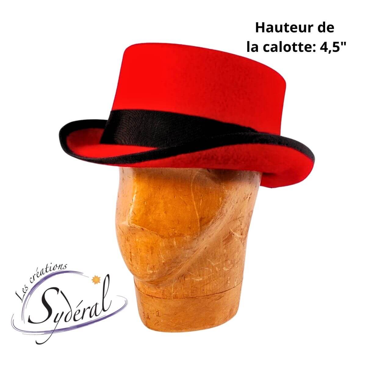 Haut-de-forme classique en feutre de laine rouge avec rubans noirs, hauteur de la calotte 4,5"