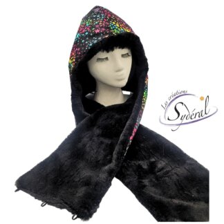 capuchon foulard intégré coton étoiles couleurs et fourrure noire