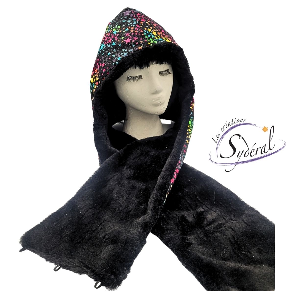 capuchon foulard intégré coton étoiles couleurs et fourrure noire