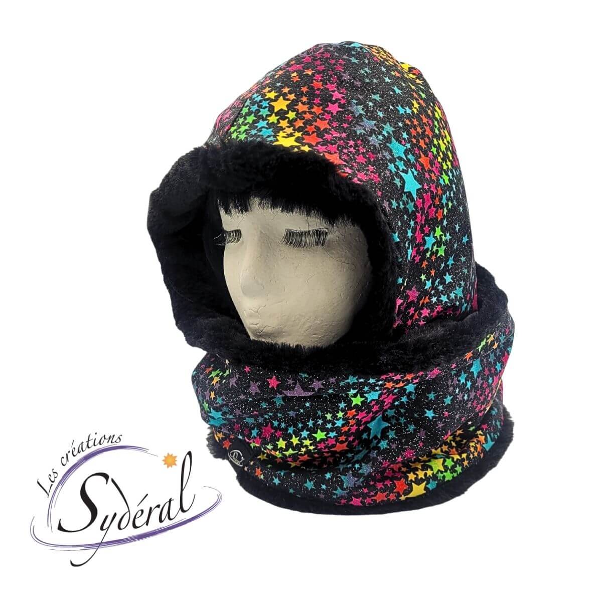 capuchon foulard intégré coton étoiles couleurs et fourrure noire