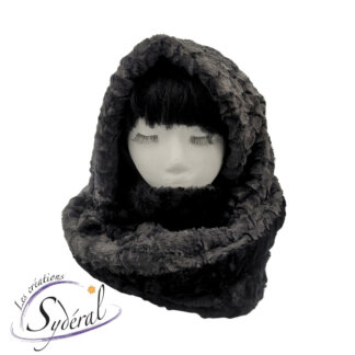 Foulard infini / capuchon multi-fonctions en fourrure synthétique réversible noir et gris foncé
