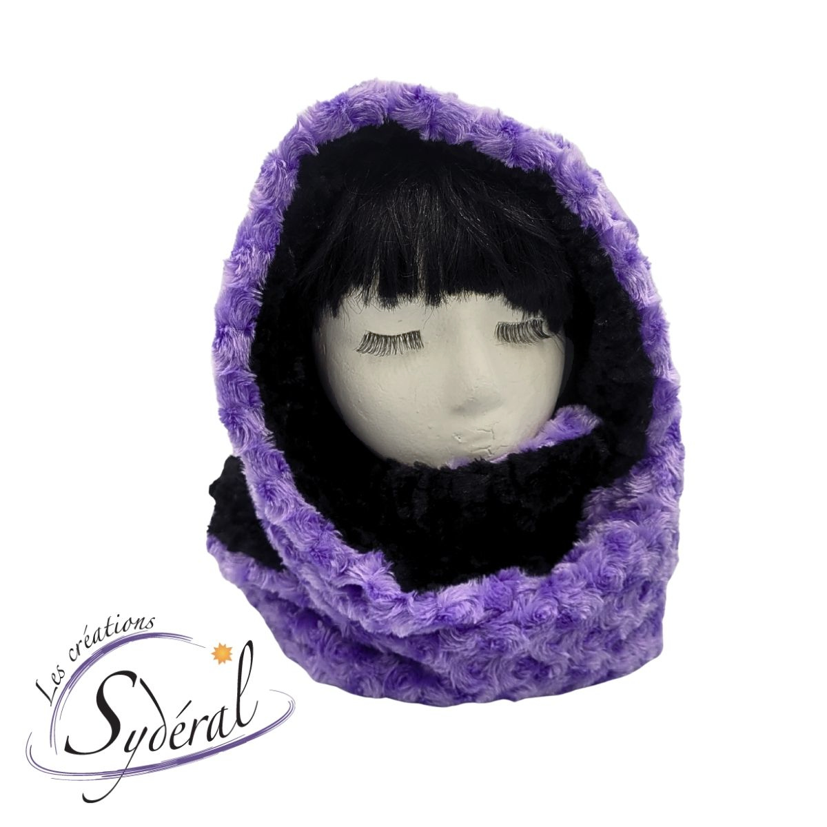 Foulard infini / capuchon multi-fonctions en fourrure synthétique réversible noir et mauve