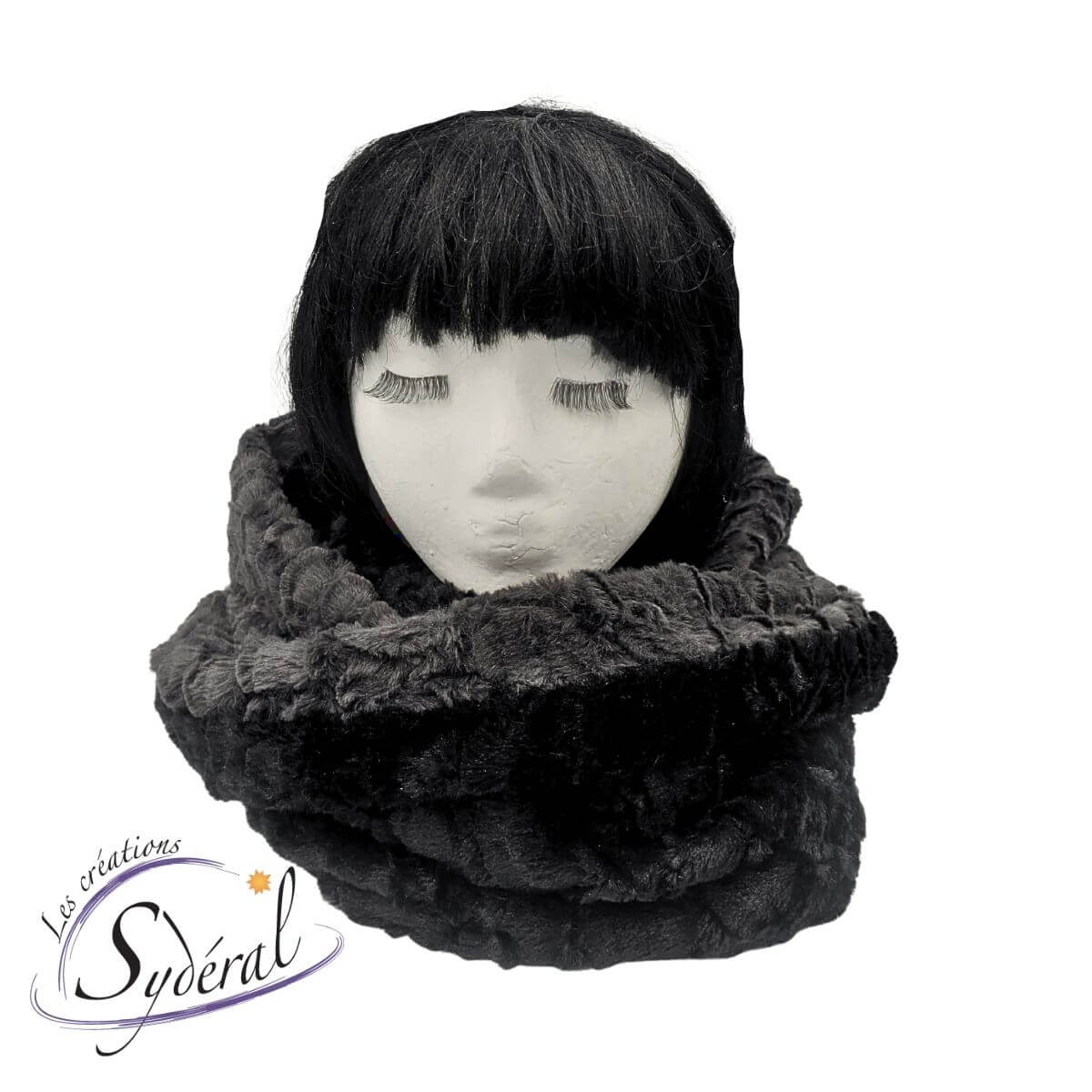 Foulard infini / capuchon multi-fonctions en fourrure synthétique réversible noir et gris foncé