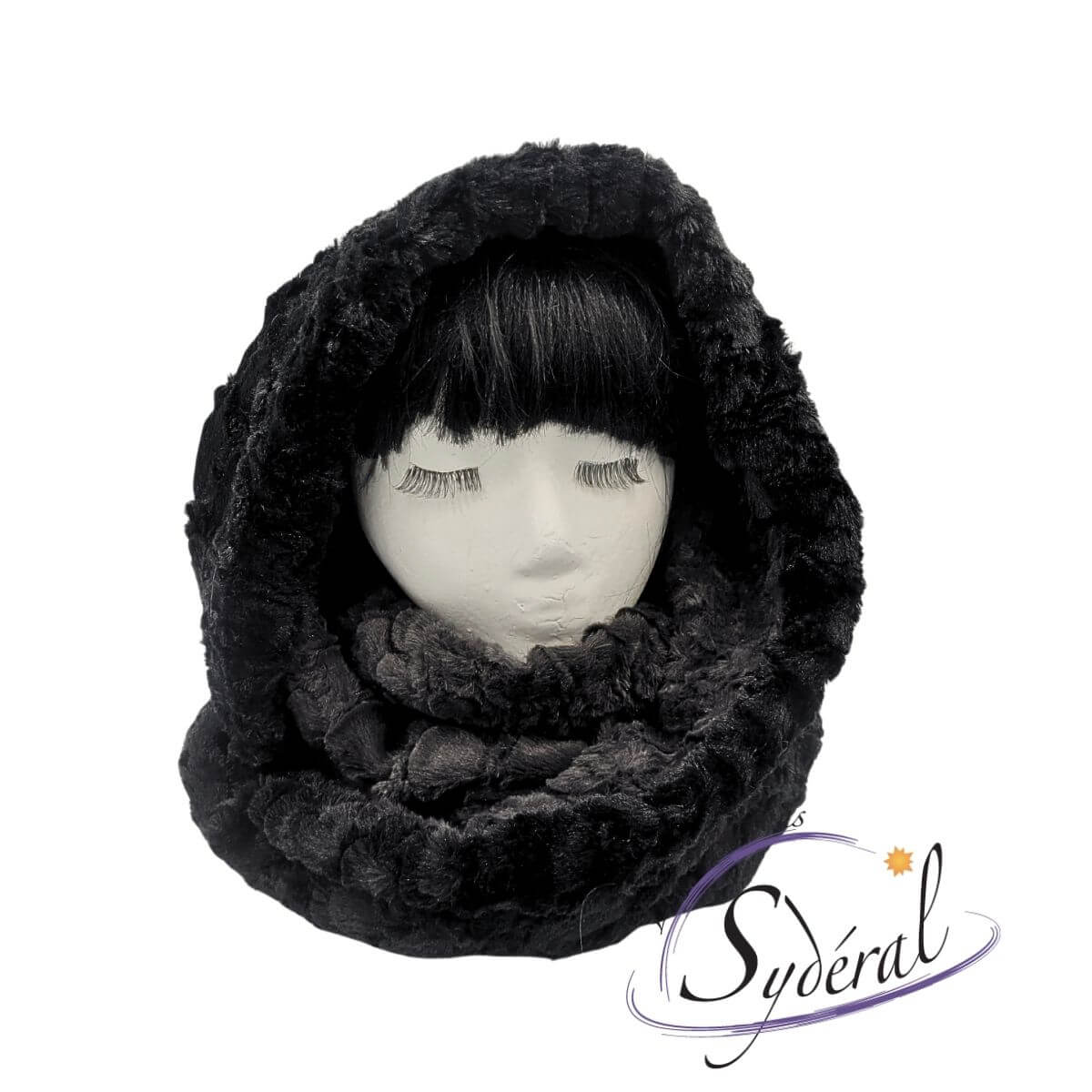 Foulard infini / capuchon multi-fonctions en fourrure synthétique réversible noir et gris foncé