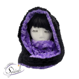 Foulard infini / capuchon multi-fonctions en fourrure synthétique réversible noir et mauve