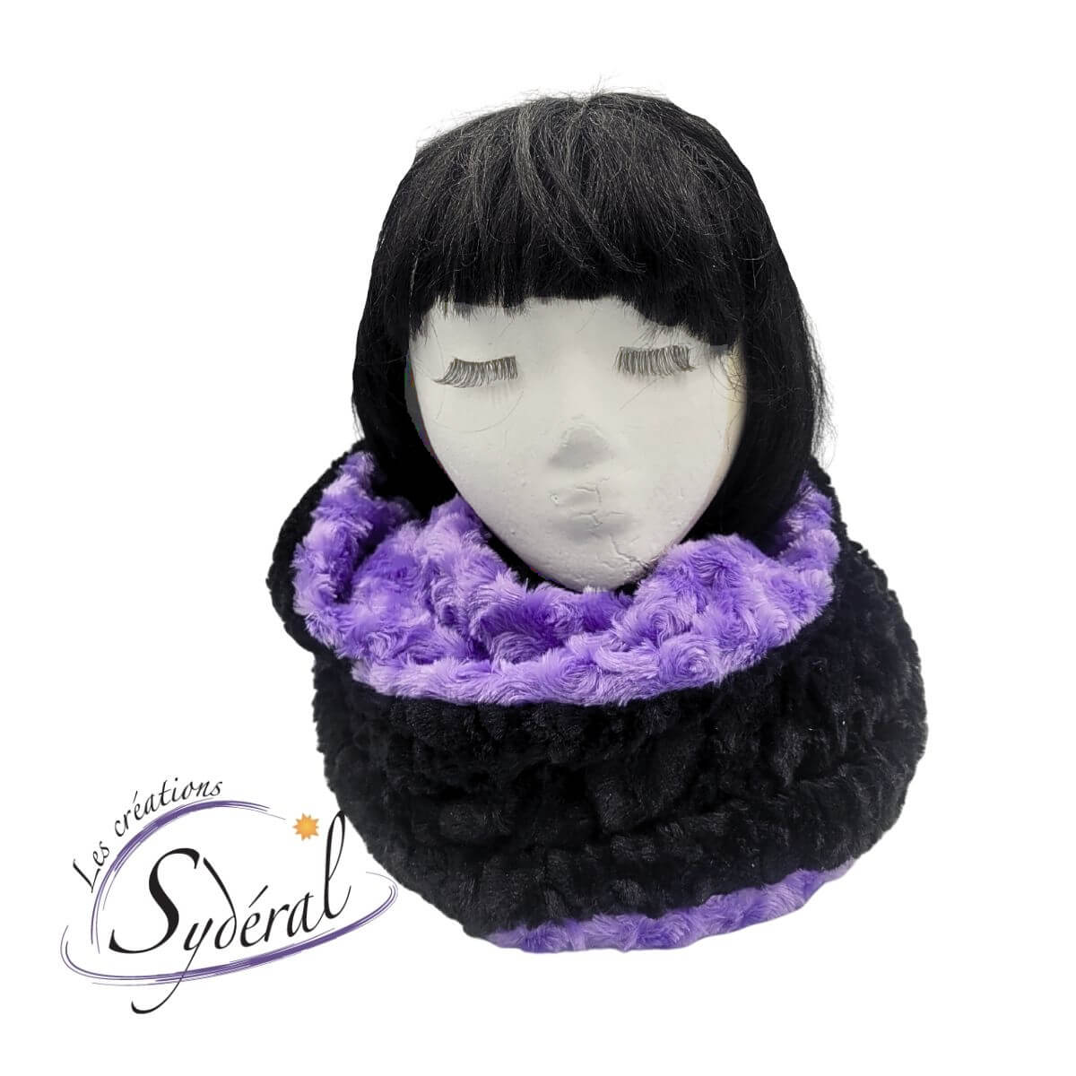 Foulard infini / capuchon multi-fonctions en fourrure synthétique réversible noir et mauve