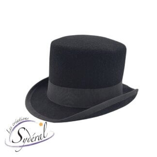 Haut-de-forme classique en feutre de laine noir vu de 3/4