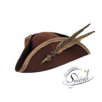 Tricorne en feutre de laine bru avec galon beige et plumes de faisans vu de 3/4