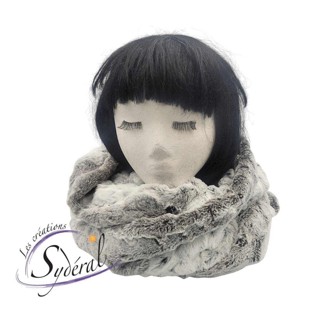Foulard infini/capuchon en fourrure synthétique marbré gris pâle et blanc – Image 3