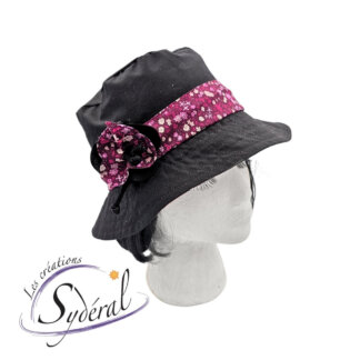 chapeau été coton noir et rose fleuri vu de côté