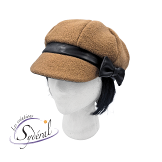 casquette gavroche lainage beige et cuir synthetique noir vu de 3/4